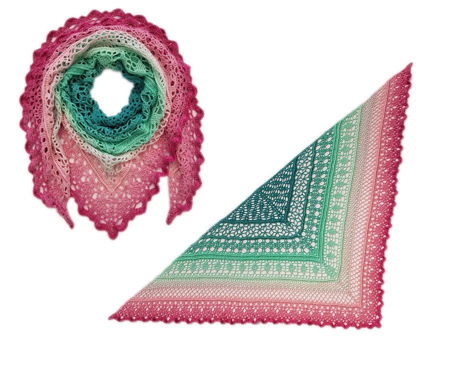 Farbvariante BEERENMINZE mit zartem Übergang von sattem Beerenton über sanftes Rosa bis zu frischem Minzgrün, handgefärbe Farbverlaufswolle Modal aus natürlichen Fasern – Modal Farbverlaufsgarn zum Verlieben.