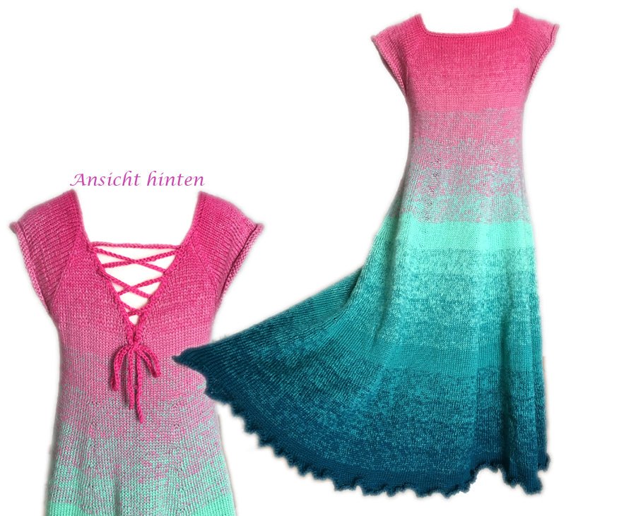 Kleid Feefee Strickanleitung zeigt ein elegantes Kleid in sanftem Farbverlauf von Pink zu Türkis und Blau mit verspielten Rückendetails, gefertigt aus Modal Farbverlaufsgarn natürlichen Fasern – Modal Farbverlaufsgarn zum Verlieben.