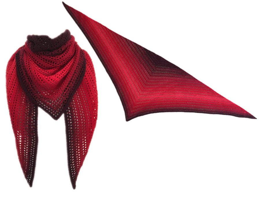 Dreieckstuch Muli Ruli (Moss stitch) Häkelanleitung zeigt ein elegant handgehäkeltes Tuch mit intensiven Rot- und Schwarztönen aus Modal Farbverlaufsgarn natürlichen Fasern – Modal Farbverlaufsgarn zum Verlieben.