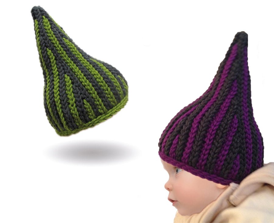Baby Pixie (bosnisch häkeln) Häkelanleitung zeigt zwei spitz zulaufende, handgehäkelte Mützen in Grün-Schwarz und Lila-Schwarz aus Modal Farbverlaufsgarn natürlichen Fasern – Modal Farbverlaufsgarn zum Verlieben.