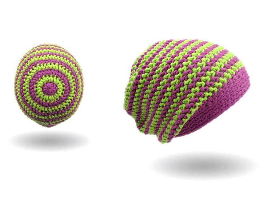 Longbeanie mit Rosenstäbchen Häkelanleitung zeigt eine farbenfrohe, handgehäkelte Mütze in Pink und Grün aus Modal Farbverlaufsgarn natürlichen Fasern – Modal Farbverlaufsgarn zum Verlieben.