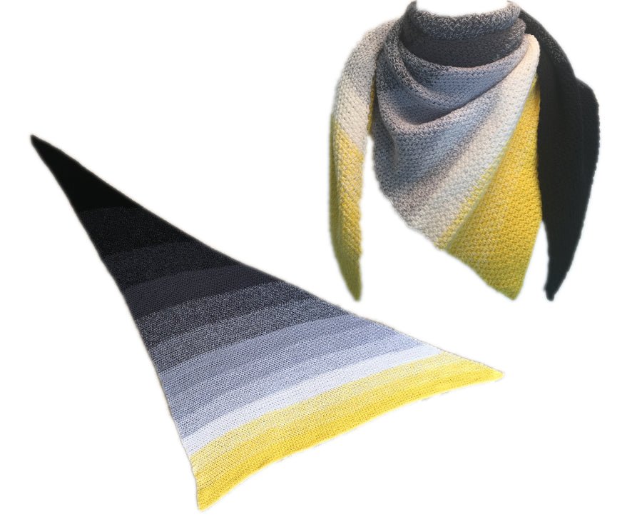 Dreieckstuch Taxi (Moss stitch) Häkelanleitung zeigt ein handgehäkeltes Tuch mit sanften Farbverläufen in Gelb- und Grautönen, gefertigt aus Modal Farbverlaufsgarn natürlichen Fasern – Modal Farbverlaufsgarn zum Verlieben.