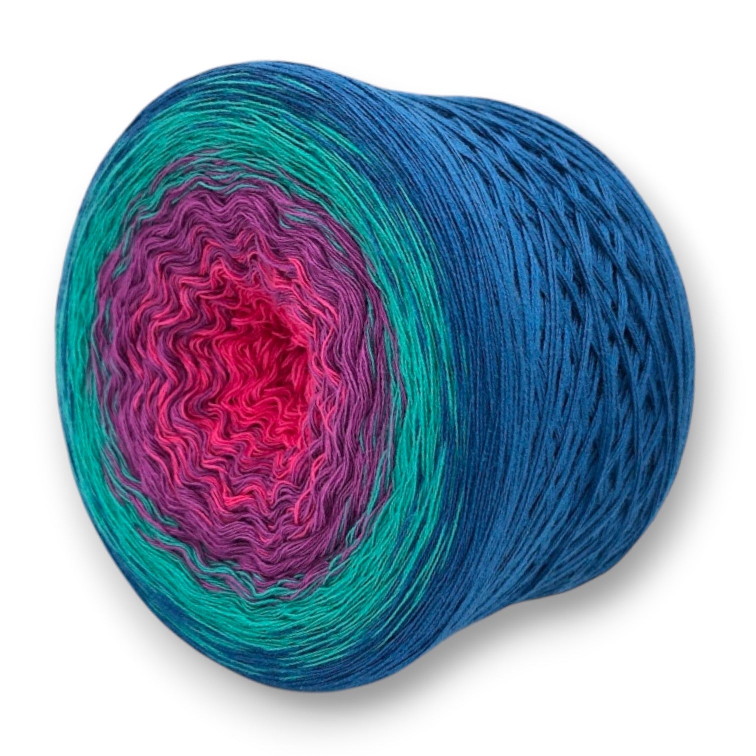 Farbvariante ALITSCHE IM WUNDERWALD mit lebendigem Verlauf von intensivem Pink über sanfte Lilatöne bis zu kräftigem Blaugrün, handgefärbe Farbverlaufswolle Modal aus natürlichen Fasern – Modal Farbverlaufsgarn zum Verlieben.