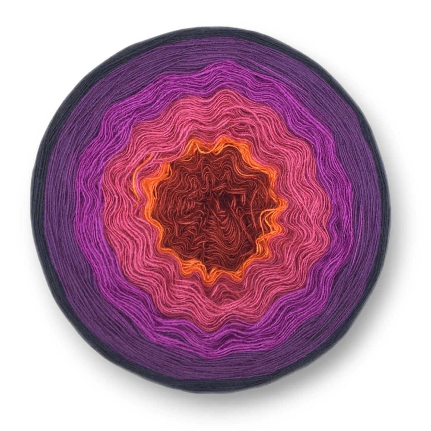 Farbvariante BAUMSCHWAMM mit einem eindrucksvollen Verlauf von warmem Dunkelrot über leuchtendes Orange und lebendiges Pink bis zu intensivem Violett, handgefärbe Farbverlaufswolle Modal aus natürlichen Fasern – Modal Farbverlaufsgarn zum Verlieben.