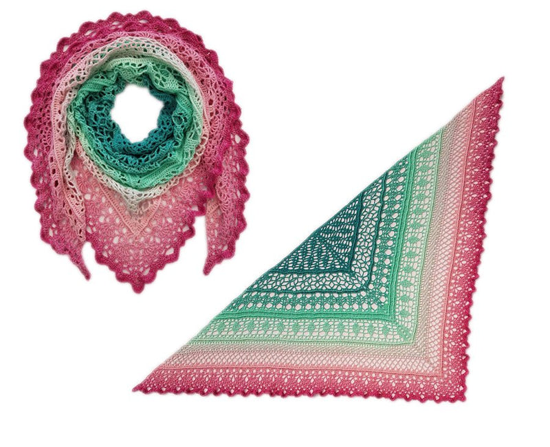 Farbvariante BEERENMINZE mit zartem Übergang von sattem Beerenton über sanftes Rosa bis zu frischem Minzgrün, handgefärbe Farbverlaufswolle Modal aus natürlichen Fasern – Modal Farbverlaufsgarn zum Verlieben.