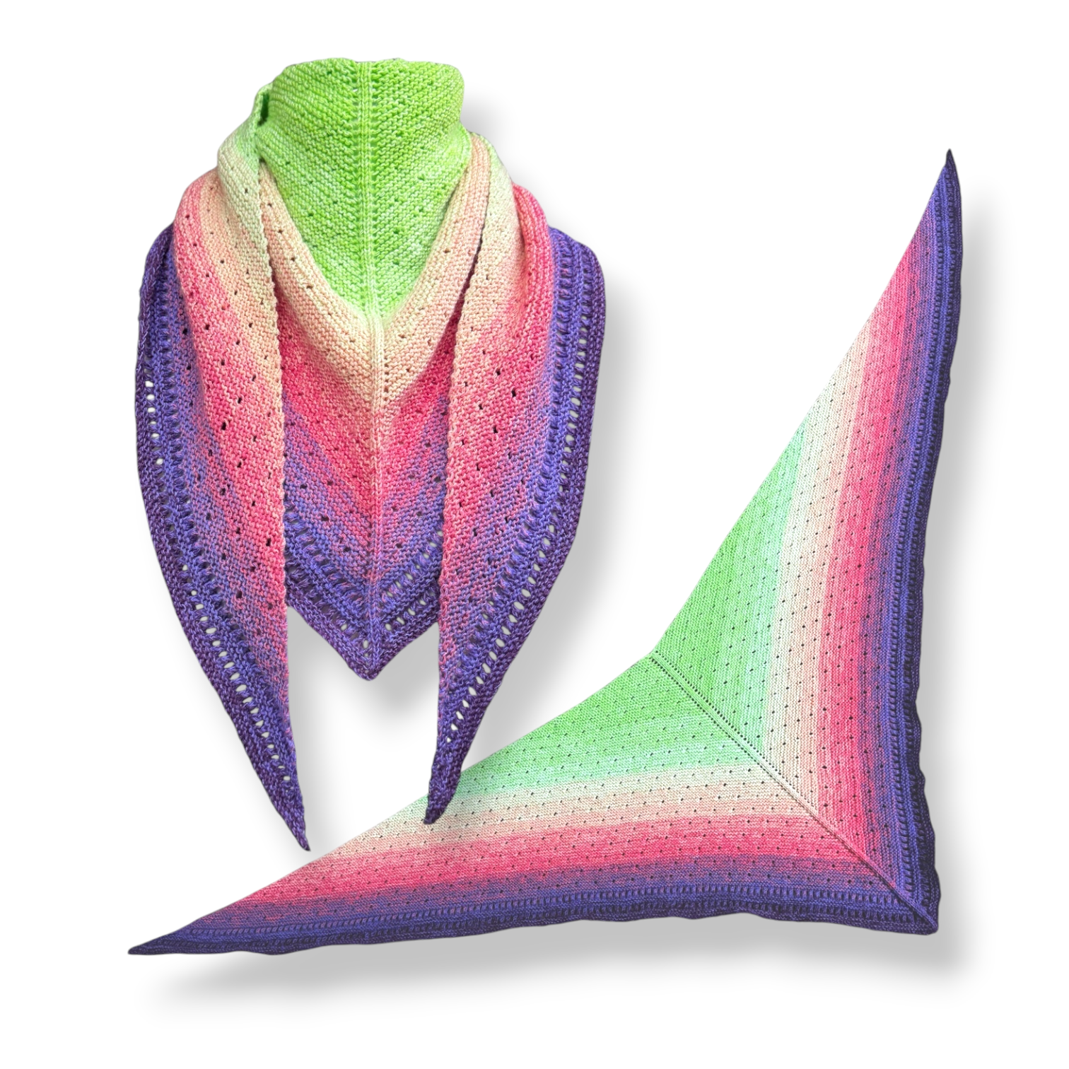 Farbvariante DER LENZ mit handgefärbter Farbverlaufswolle Modal in frischen Grün-, Rosa- und Lilatönen, ergänzt durch natürliche Fasern, exklusives Modal Farbverlaufsgarn zum Verlieben.