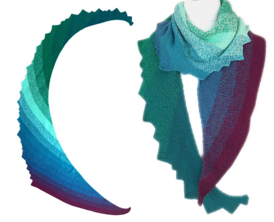 Drachenschwanz mit Bruchlandung (Moss stitch) Häkelanleitung zeigt ein handgehäkeltes Tuch mit gezacktem Rand in kühlen Blau- und Grünverläufen aus Modal Farbverlaufsgarn natürlichen Fasern – Modal Farbverlaufsgarn zum Verlieben.