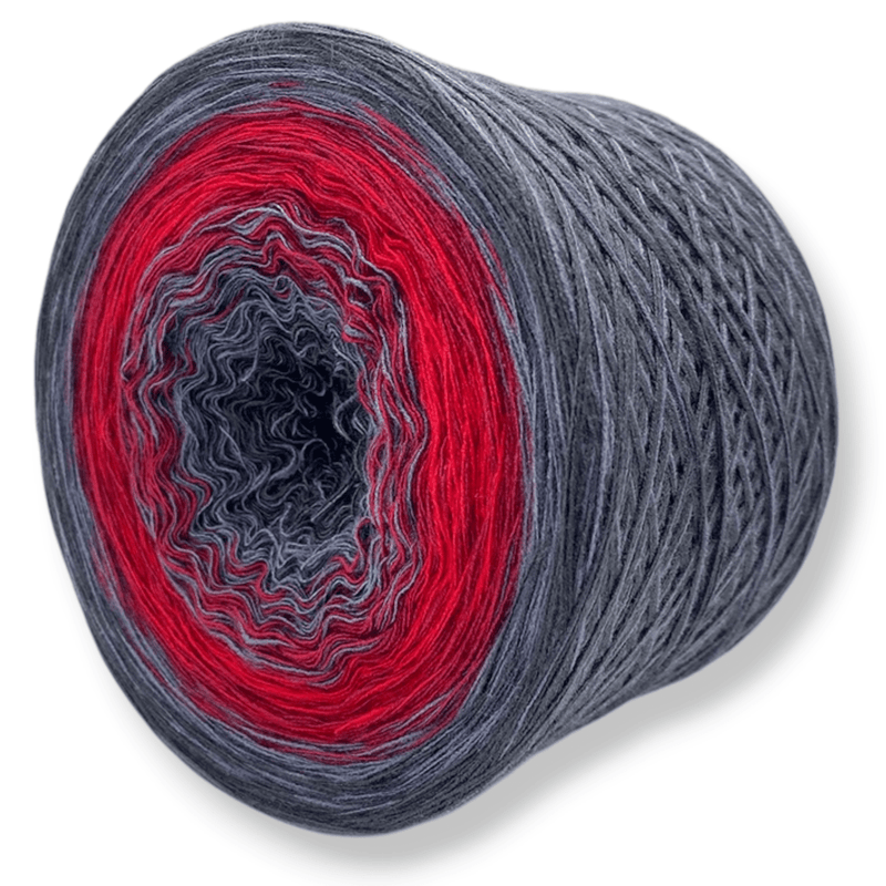Farbvariante YO-YO RED begeistert mit einem eindrucksvollen Modal Farbverlauf von dunklem Anthrazit über lebendiges Rot bis zu hellem Grau, handgefärbte Farbverlaufswolle Modal aus natürlichen Fasern – Modal Farbverlaufsgarn zum Verlieben.