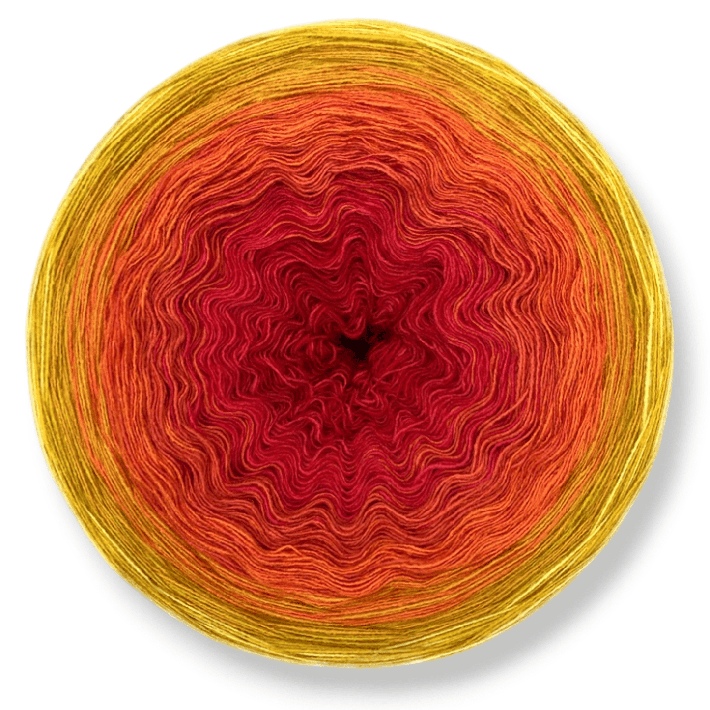 Farbvariante FUNKENFEUER zeigt einen intensiven Farbverlauf von leuchtendem Gelb über warmes Orange bis zu tiefem Rubinrot, handgefärbte Modal Farbverlaufswolle aus natürlichen Fasern – Modal Farbverlaufsgarn zum Verlieben.