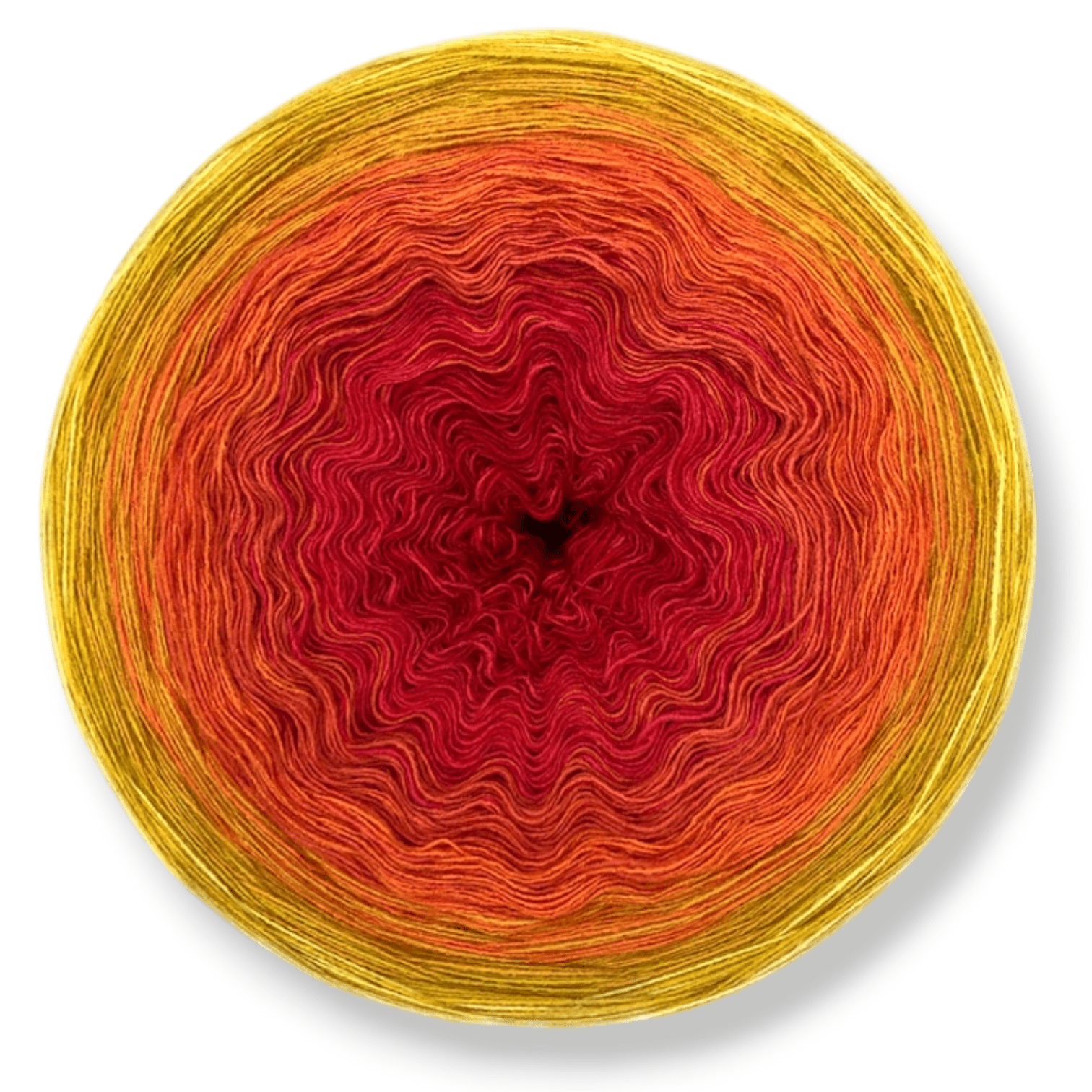 Farbvariante FUNKENFEUER zeigt einen intensiven Farbverlauf von leuchtendem Gelb über warmes Orange bis zu tiefem Rubinrot, handgefärbte Modal Farbverlaufswolle aus natürlichen Fasern – Modal Farbverlaufsgarn zum Verlieben.