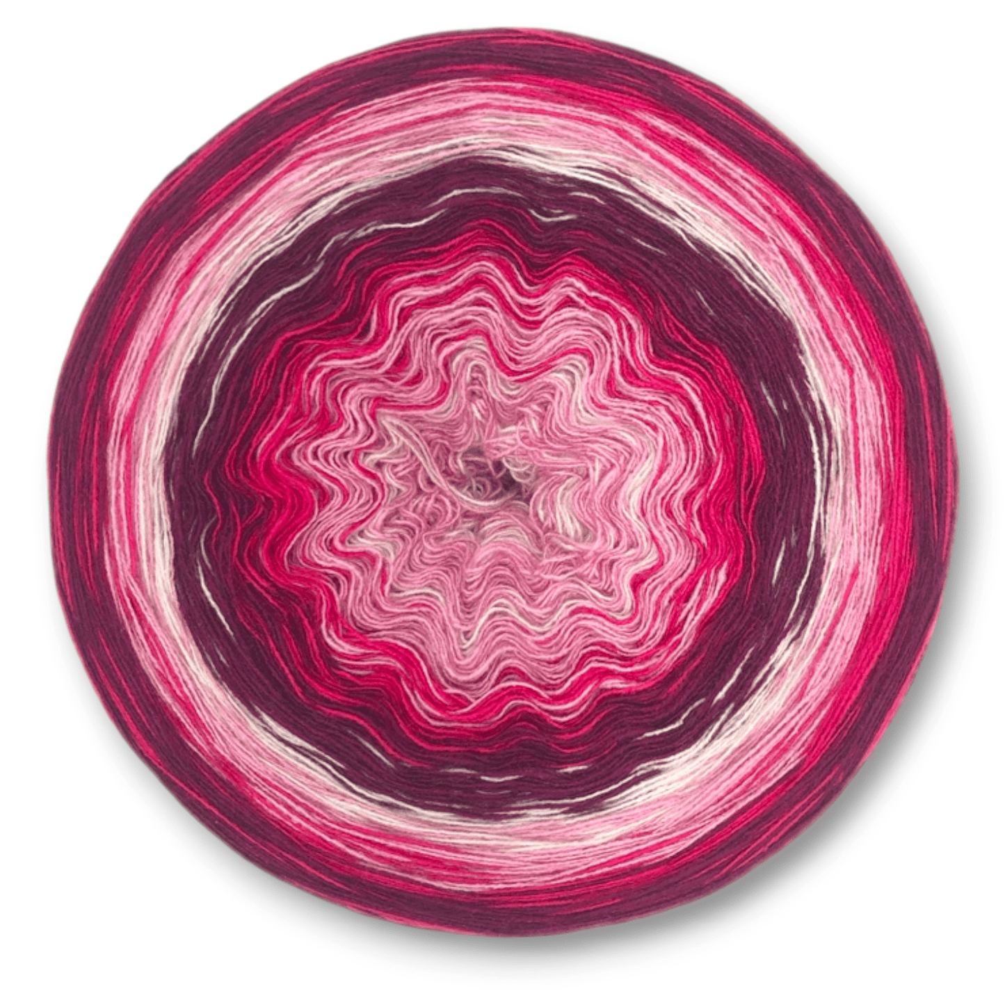 Farbvariante FRAGOLA mit lebhaftem Farbspiel von sattem Himbeerrot über zartes Rosa bis zu hellem Weiß, handgefärbte Farbverlaufswolle Modal aus natürlichen Fasern – Modal Farbverlaufsgarn zum Verlieben.