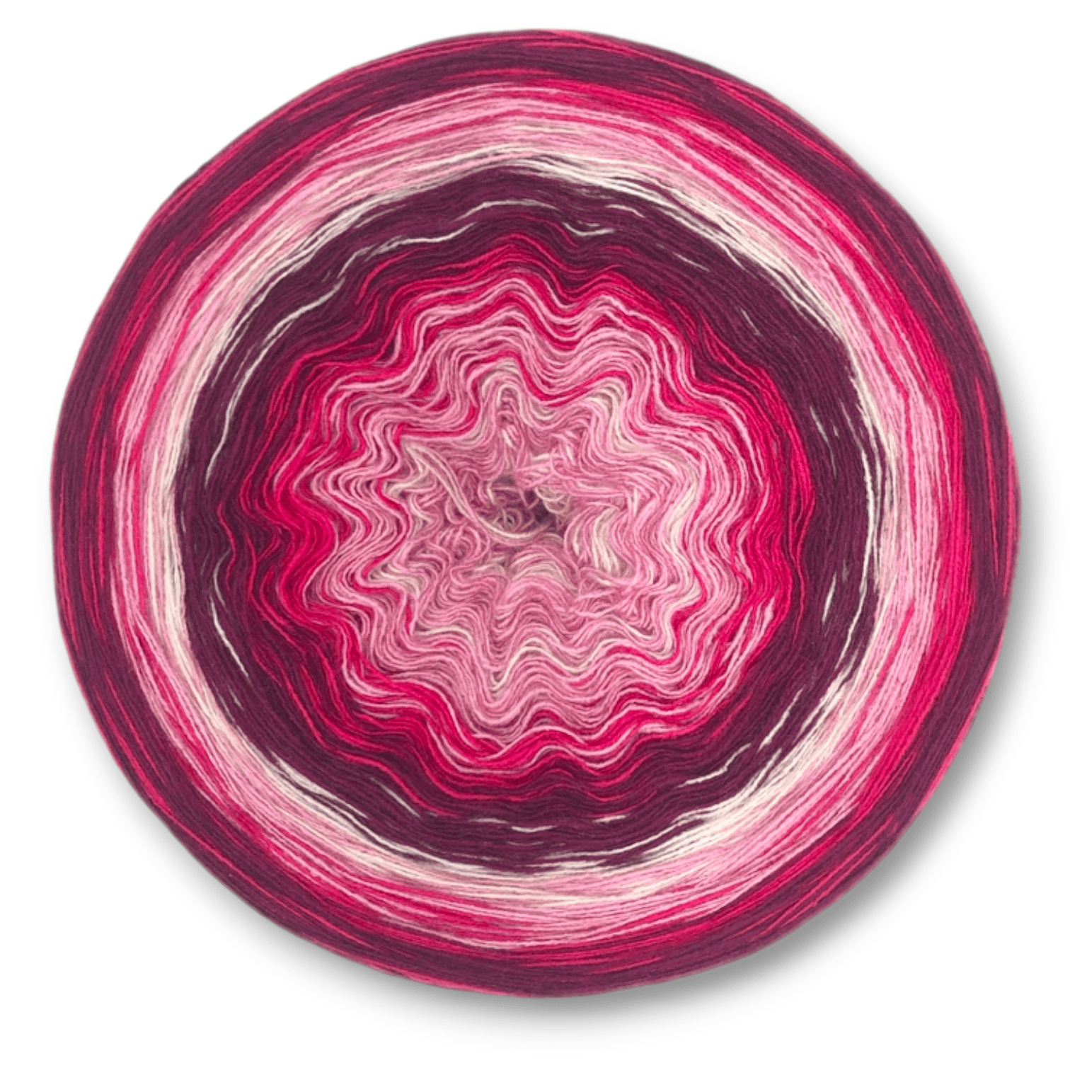 Farbvariante FRAGOLA mit lebhaftem Farbspiel von sattem Himbeerrot über zartes Rosa bis zu hellem Weiß, handgefärbte Farbverlaufswolle Modal aus natürlichen Fasern – Modal Farbverlaufsgarn zum Verlieben.