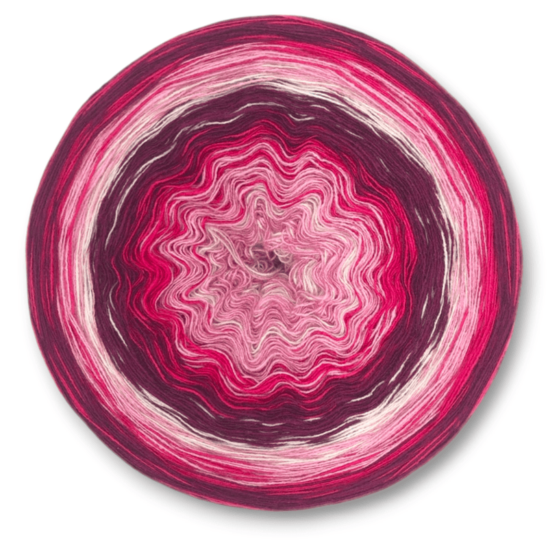Farbvariante FRAGOLA mit lebhaftem Farbspiel von sattem Himbeerrot über zartes Rosa bis zu hellem Weiß, handgefärbte Farbverlaufswolle Modal aus natürlichen Fasern – Modal Farbverlaufsgarn zum Verlieben.
