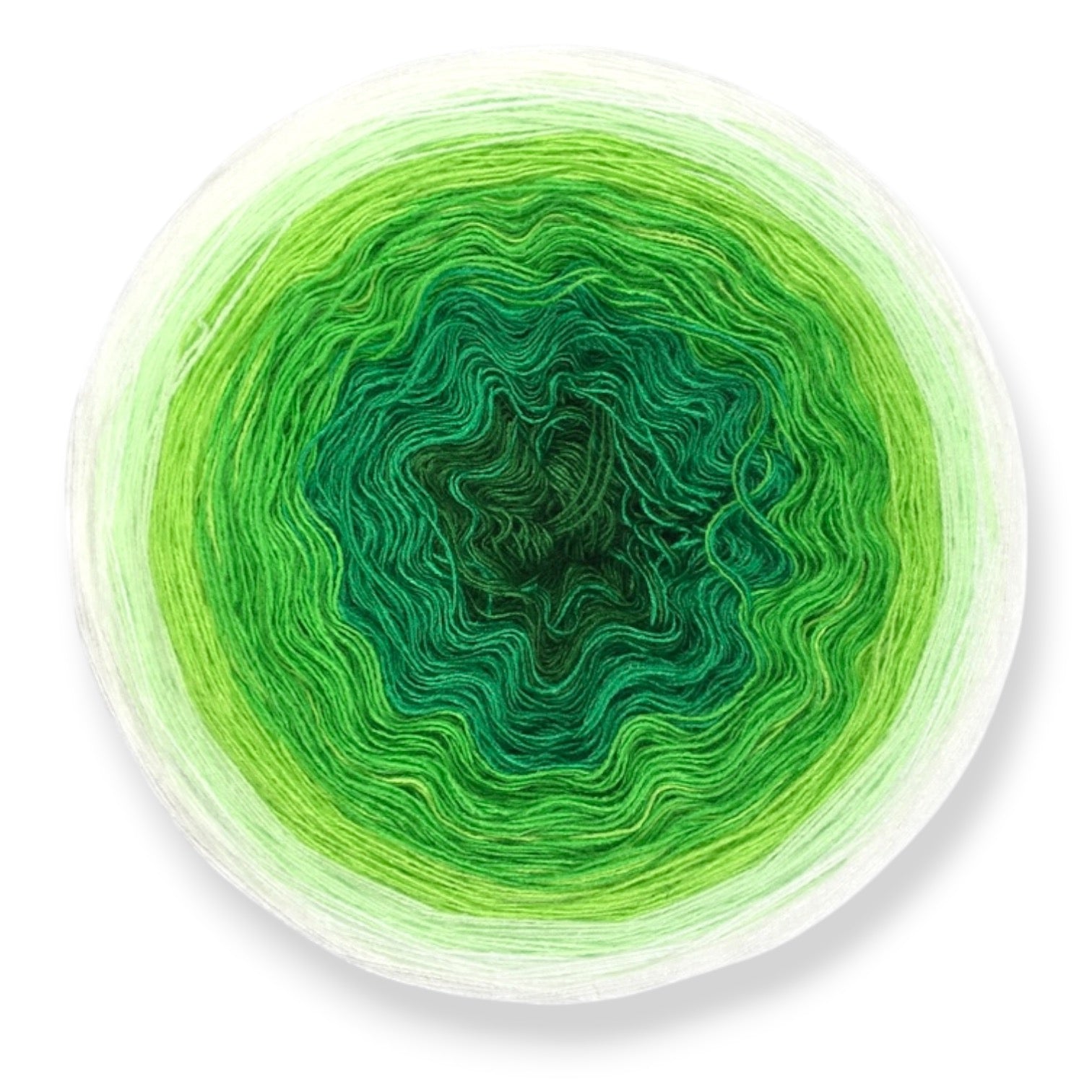 Farbvariante FRÜHLINGSERWACHEN mit frischem Farbspiel von intensivem Smaragdgrün über leuchtendes Grasgrün bis zu zartem Weiß, handgefärbte Modal Farbverlaufswolle aus natürlichen Fasern – Modal Farbverlaufsgarn zum Verlieben.