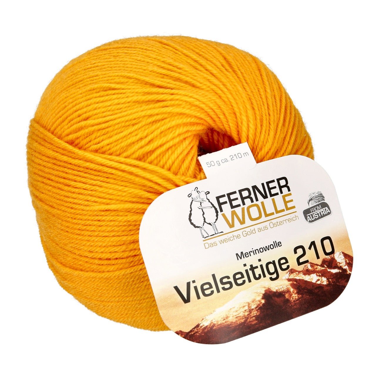 Knäuel Ferner Vielseite 210 in leuchtendem Goldgelb, handgefärbte Wolle aus natürlichen Fasern, weiches Merinogarn mit feinem Modal Farbverlaufsgarn zum Verlieben.