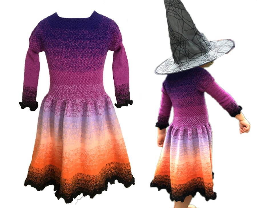 Kleid Halloween-Hexe Strickanleitung zeigt ein zauberhaftes Kleid mit sanftem Farbverlauf von Violett zu Orange, gefertigt aus natürlicher Modal Farbverlaufswolle – Modal Farbverlaufsgarn zum Verlieben.