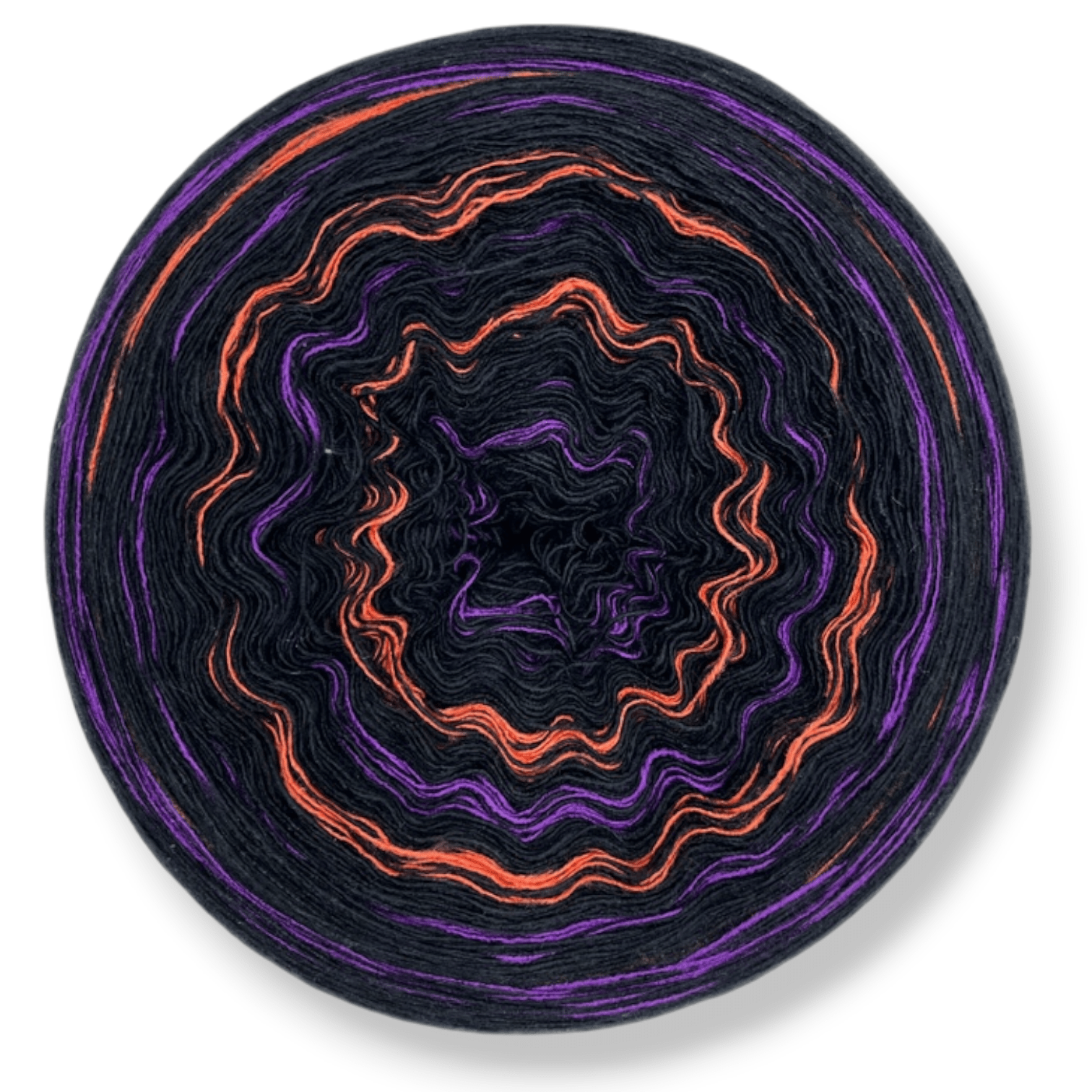 Farbvariante HALLOWEEN 2021 besticht mit einem mystischen Modal Farbverlauf von tiefem Schwarz über leuchtendes Orange bis zu dunklem Violett, handgefärbte Farbverlaufswolle Modal aus natürlichen Fasern – Modal Farbverlaufsgarn zum Verlieben.