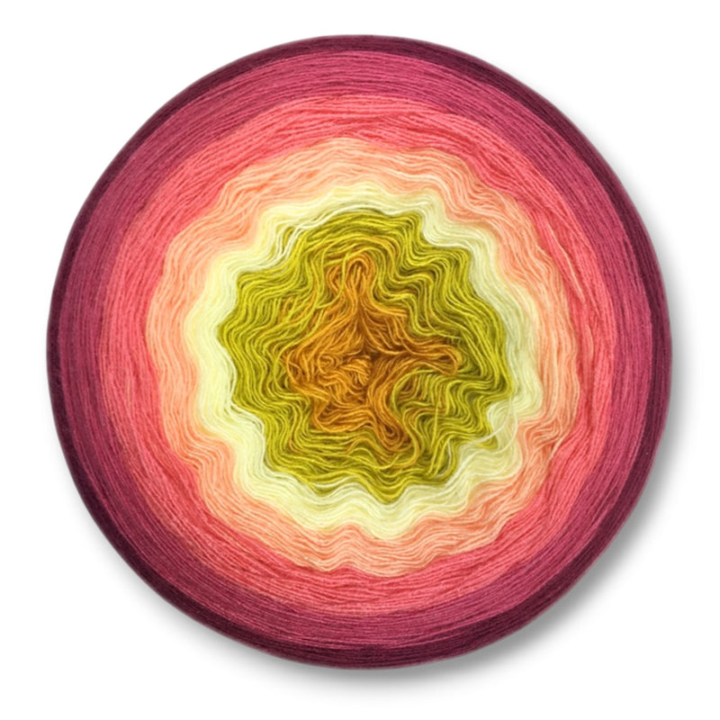 Farbvariante HERBST ANEMONE mit sanftem Farbspiel von warmen Gelb- und Grünnuancen zu zartem Pfirsich und sattem Rosa, handgefärbte Modal Farbverlaufswolle aus natürlichen Fasern – Modal Farbverlaufsgarn zum Verlieben.