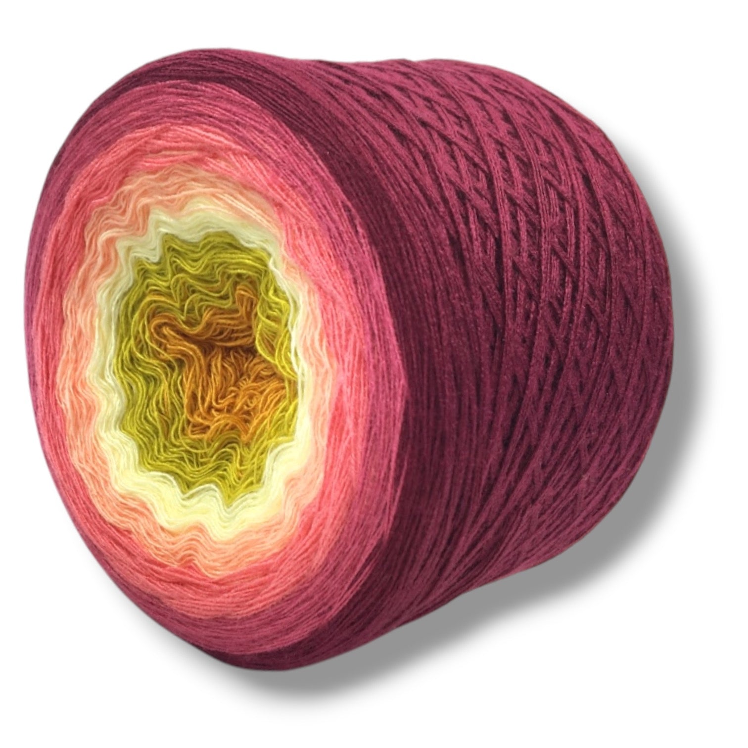 Farbvariante HERBST ANEMONE mit warmem Farbverlauf von sattem Dunkelrot über zarte Pfirsich- und Cremetöne bis zu herbstlichem Grün, handgefärbte Modal Farbverlaufswolle aus natürlichen Fasern – Modal Farbverlaufsgarn zum Verlieben.