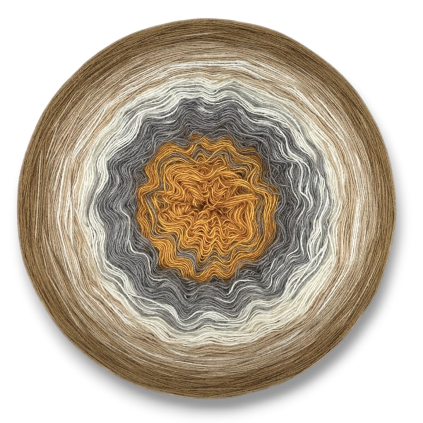 Farbvariante JUPITER mit harmonischem Farbverlauf von warmem Gold über kühles Grau und Creme bis zu erdigen Braunnuancen, handgefärbte Modal Farbverlaufswolle aus natürlichen Fasern – Modal Farbverlaufsgarn zum Verlieben.