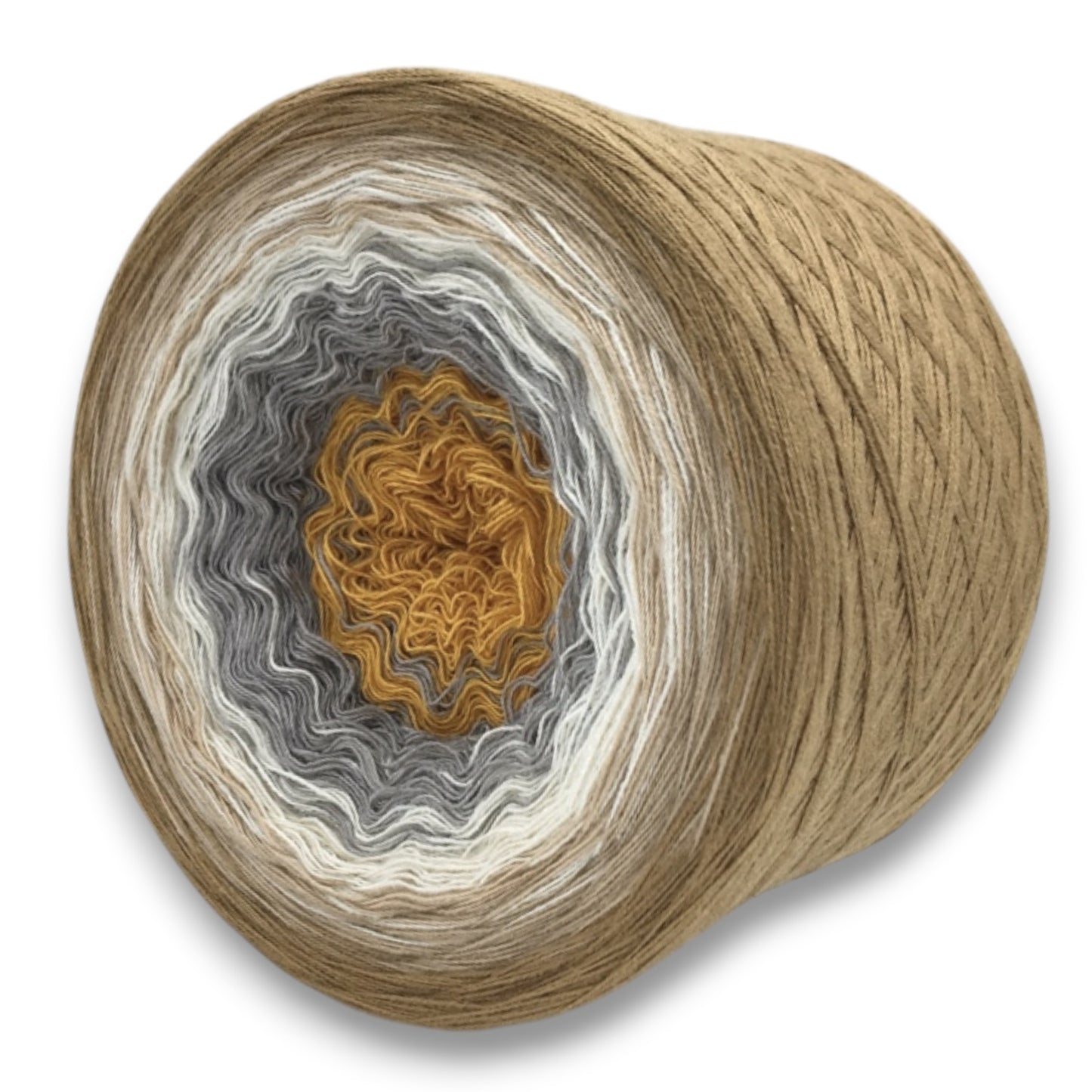 Farbvariante JUPITER zeigt einen sanften Farbverlauf von warmem Gold über verschiedene Grautöne bis zu natürlichen Braunnuancen, handgefärbte Modal Farbverlaufswolle aus natürlichen Fasern – Modal Farbverlaufsgarn zum Verlieben.