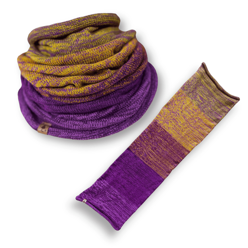 Farbvariante LAVENDELHAIN zeigt handgefärbte Farbverlaufswolle Modal in lebhaften Violett- und Gelbtönen mit natürlichen Fasern, weiches Modal Farbverlaufsgarn zum Verlieben.