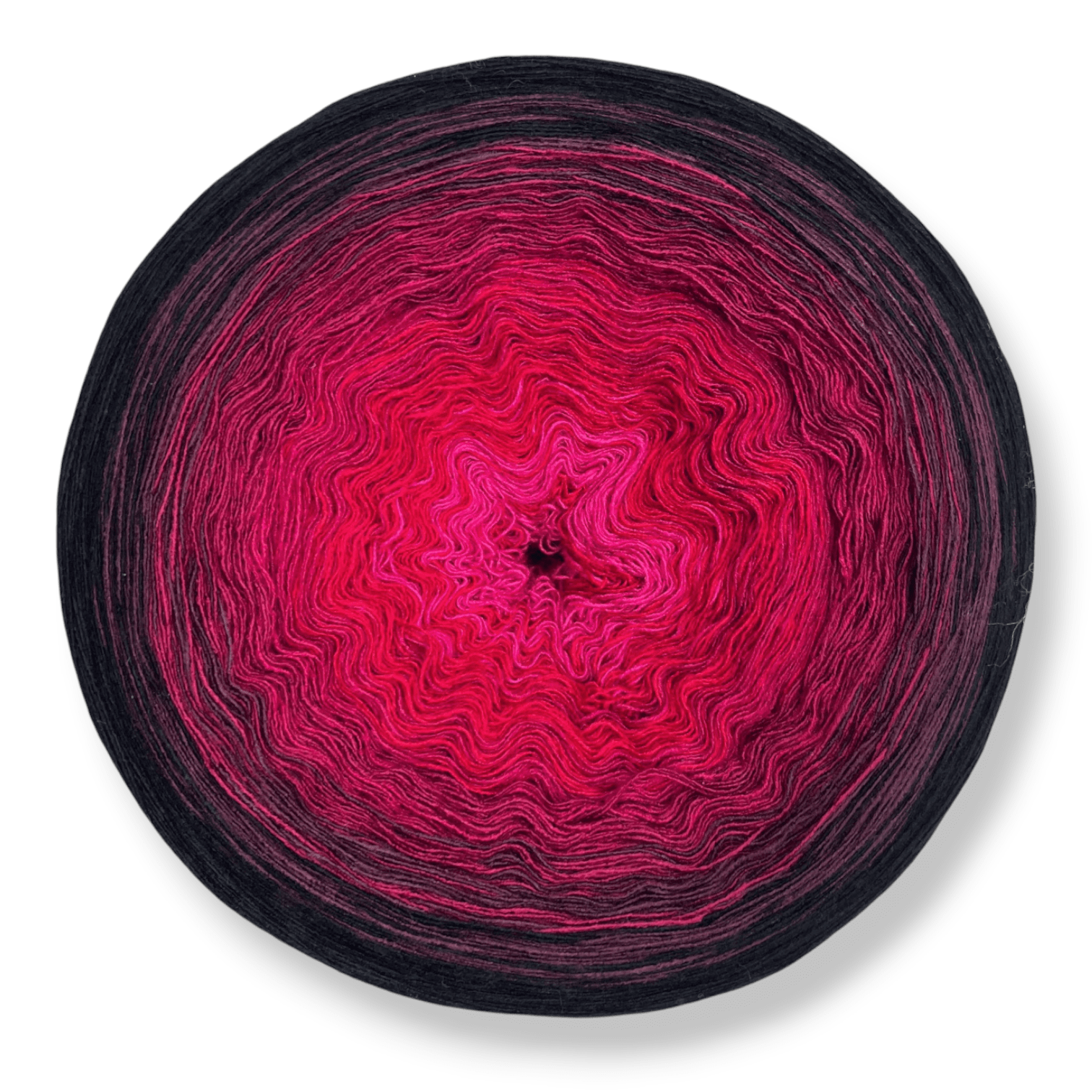 Farbvariante LIEBESKUMMER zeigt einen intensiven Modal Farbverlauf von leuchtendem Pink über tiefes Magenta bis zu dunklem Anthrazit, handgefärbte Farbverlaufswolle Modal aus natürlichen Fasern – Modal Farbverlaufsgarn zum Verlieben.