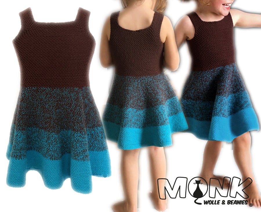 Sommerkleid Häkelanleitung zeigt ein stilvolles, handgehäkeltes Kinderkleid mit harmonischem Farbübergang in Braun- und Türkistönen aus Modal Farbverlaufsgarn natürlichen Fasern – Modal Farbverlaufsgarn zum Verlieben.