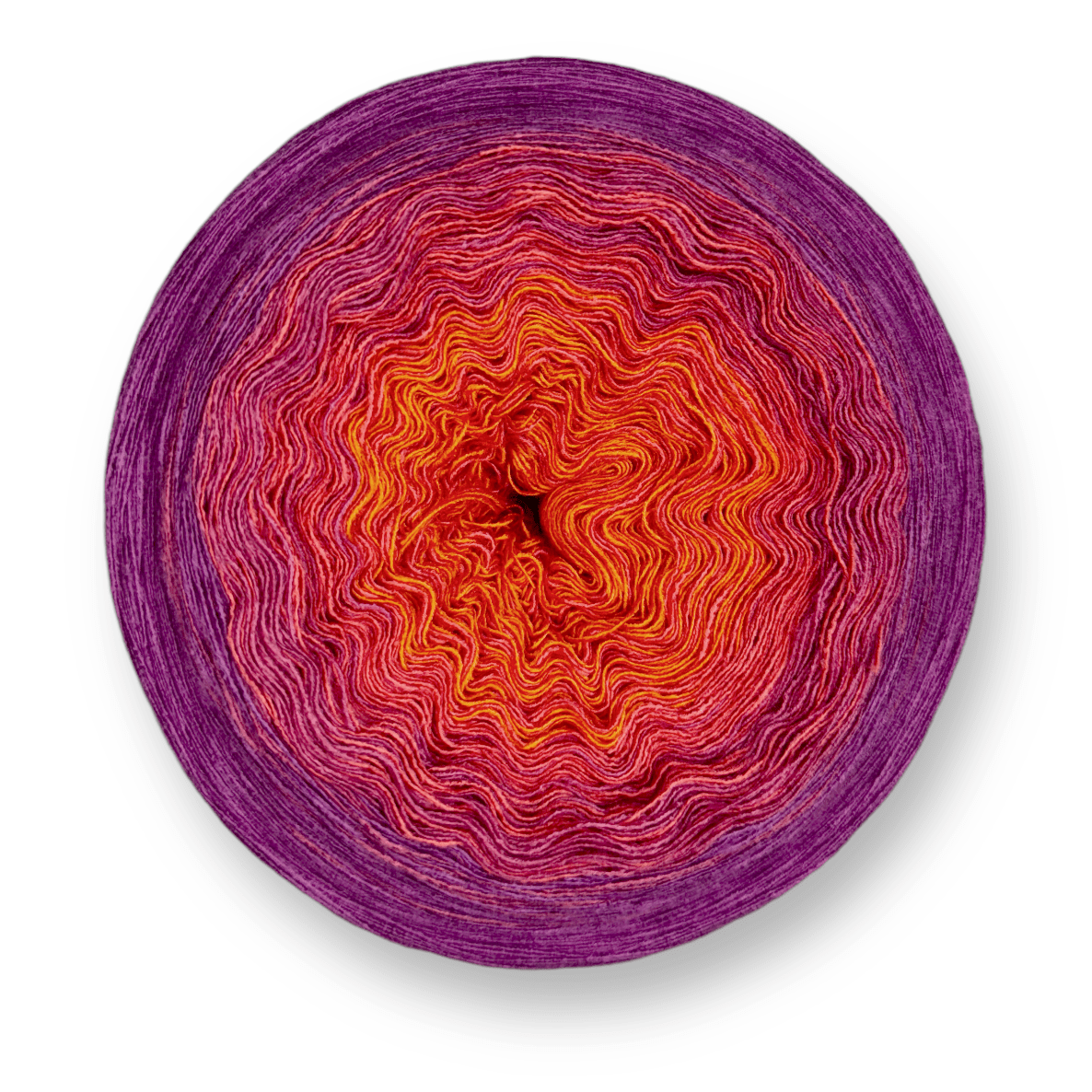 Farbvariante MAMI TAI mit intensiven Farbübergängen von warmem Orange über lebendigem Pink bis zu sattem Violett, handgefärbte Modal Farbverlaufswolle aus natürlichen Fasern – Modal Farbverlaufsgarn zum Verlieben.