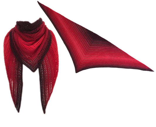 Dreieckstuch Muli Ruli (Moss stitch) Häkelanleitung zeigt ein elegant handgehäkeltes Tuch mit intensiven Rot- und Schwarztönen aus Modal Farbverlaufsgarn natürlichen Fasern – Modal Farbverlaufsgarn zum Verlieben.