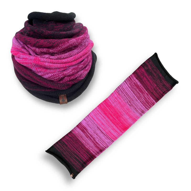 Kollektion aus weichem, handgefärbtem Modal Farbverlaufsgarn in Pink- und Schwarznuancen, gestrickt mit natürlichen Fasern – Der Schlüpfer Strickanleitung, Modal Farbverlaufsgarn zum Verlieben.