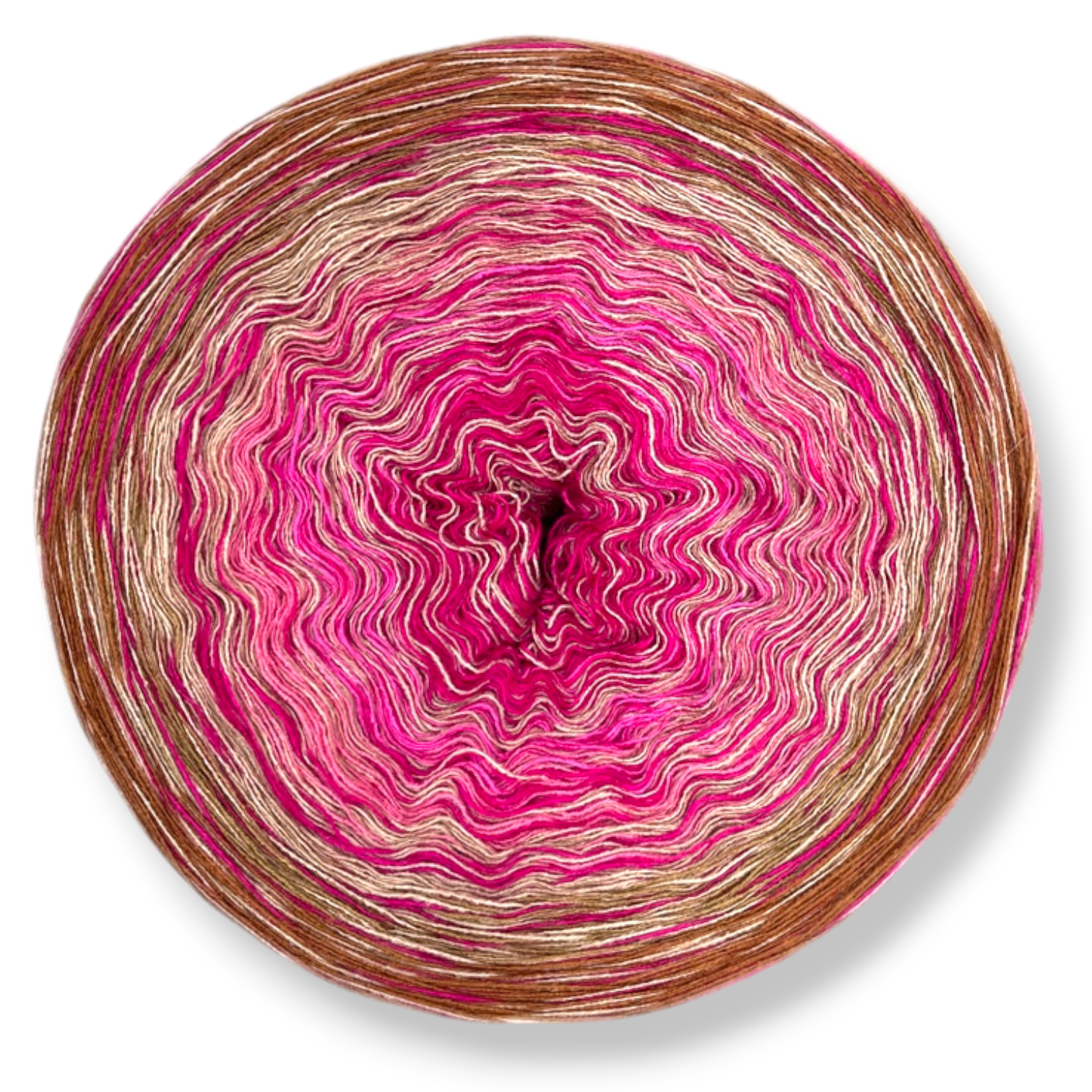 Farbvariante PINKY PIE zeigt einen lebendigen Modal Farbverlauf von kräftigem Pink über sanfte Beigetöne bis zu warmem Braun, handgefärbte Farbverlaufswolle Modal aus natürlichen Fasern – Modal Farbverlaufsgarn zum Verlieben.