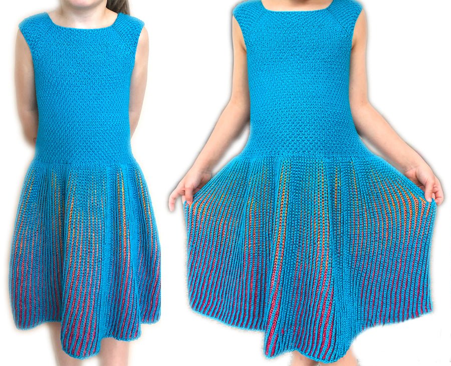 Kleid Princess Strickanleitung zeigt ein bezauberndes Mädchenkleid in kräftigem Blau mit fließendem Rockteil in mehrfarbigem Farbverlauf aus Modal Farbverlaufsgarn natürlichen Fasern – Modal Farbverlaufsgarn zum Verlieben.