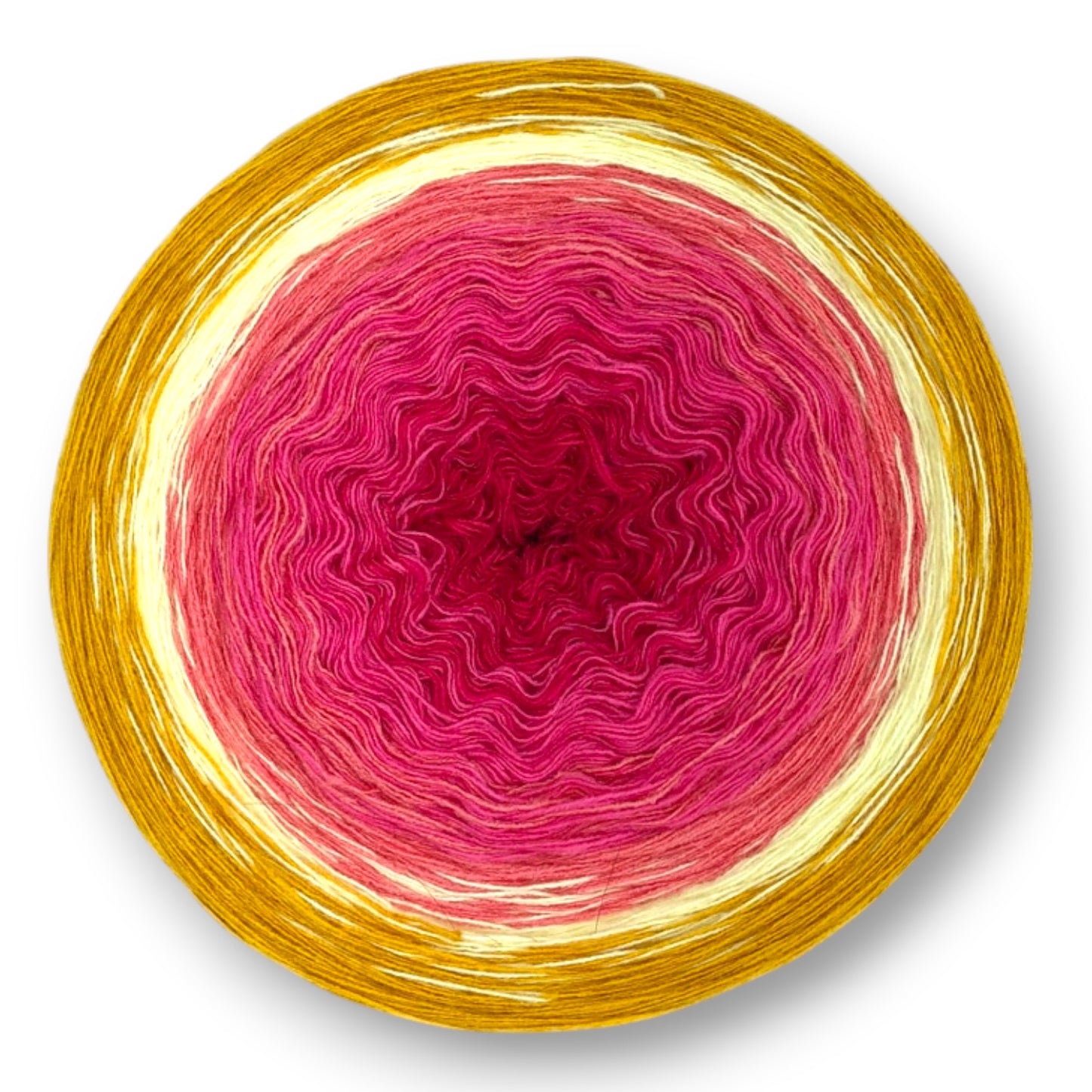 Farbvariante RAFUNZEL mit einem lebendigen Farbspiel von sattem Dunkelrot über warme Pink- und Rosatöne bis zu hellem Gelb, handgefärbte Farbverlaufswolle Modal aus natürlichen Fasern – Modal Farbverlaufsgarn zum Verlieben.