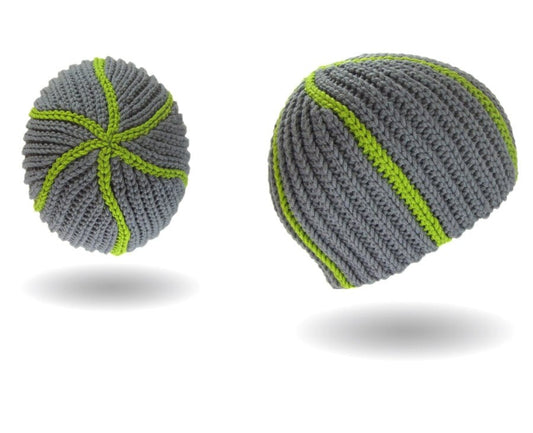 Snake Beanie Häkelanleitung zeigt eine moderne, handgehäkelte Mütze in Grau mit heller grüner Linie aus Modal Farbverlaufsgarn natürlichen Fasern – Modal Farbverlaufsgarn zum Verlieben.