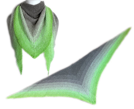Dreieckstuch Spirelli Strickanleitung mit sanften Farbverläufen in Grau- und Grüntönen, gestrickt aus handgefärbter Farbverlaufswolle Modal aus natürlichen Fasern – Modal Farbverlaufsgarn zum Verlieben.