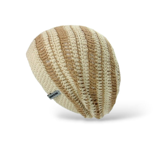 Summerbeanie No. 2 Häkelanleitung zeigt eine handgehäkelte Beanie in harmonischen Natur- und Brauntönen aus Modal Farbverlaufsgarn natürlichen Fasern – Modal Farbverlaufsgarn zum Verlieben.