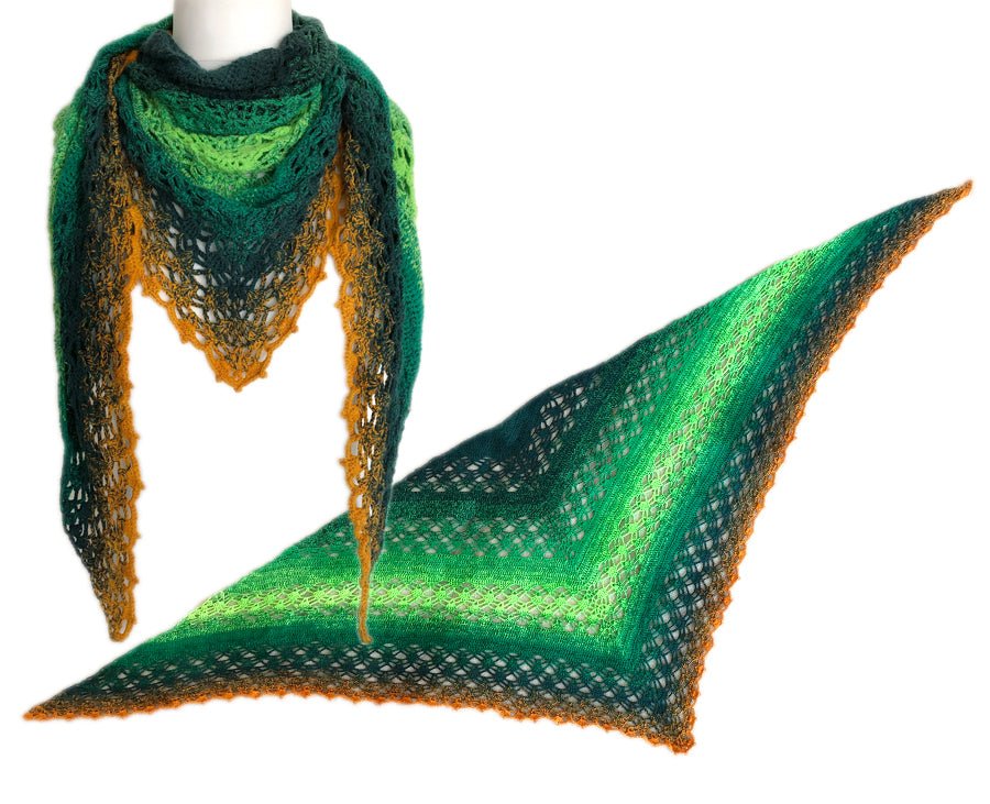 Farbvariante FROSCHKRONE mit einem eindrucksvollen Verlauf von warmem Orange über lebendige Grüntöne bis zu tiefem Moosgrün, handgefärbe Farbverlaufswolle Modal aus natürlichen Fasern – Modal Farbverlaufsgarn zum Verlieben.