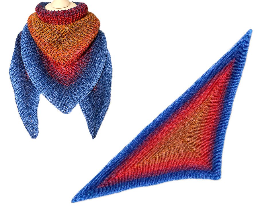 Dreieckstuch Gammlo Häkelanleitung zeigt ein lebhaftes, handgehäkeltes Tuch mit fließenden Farbverläufen in Blau-, Rot- und Orangetönen aus naturfarbenem Modal Farbverlaufsgarn zum Verlieben.